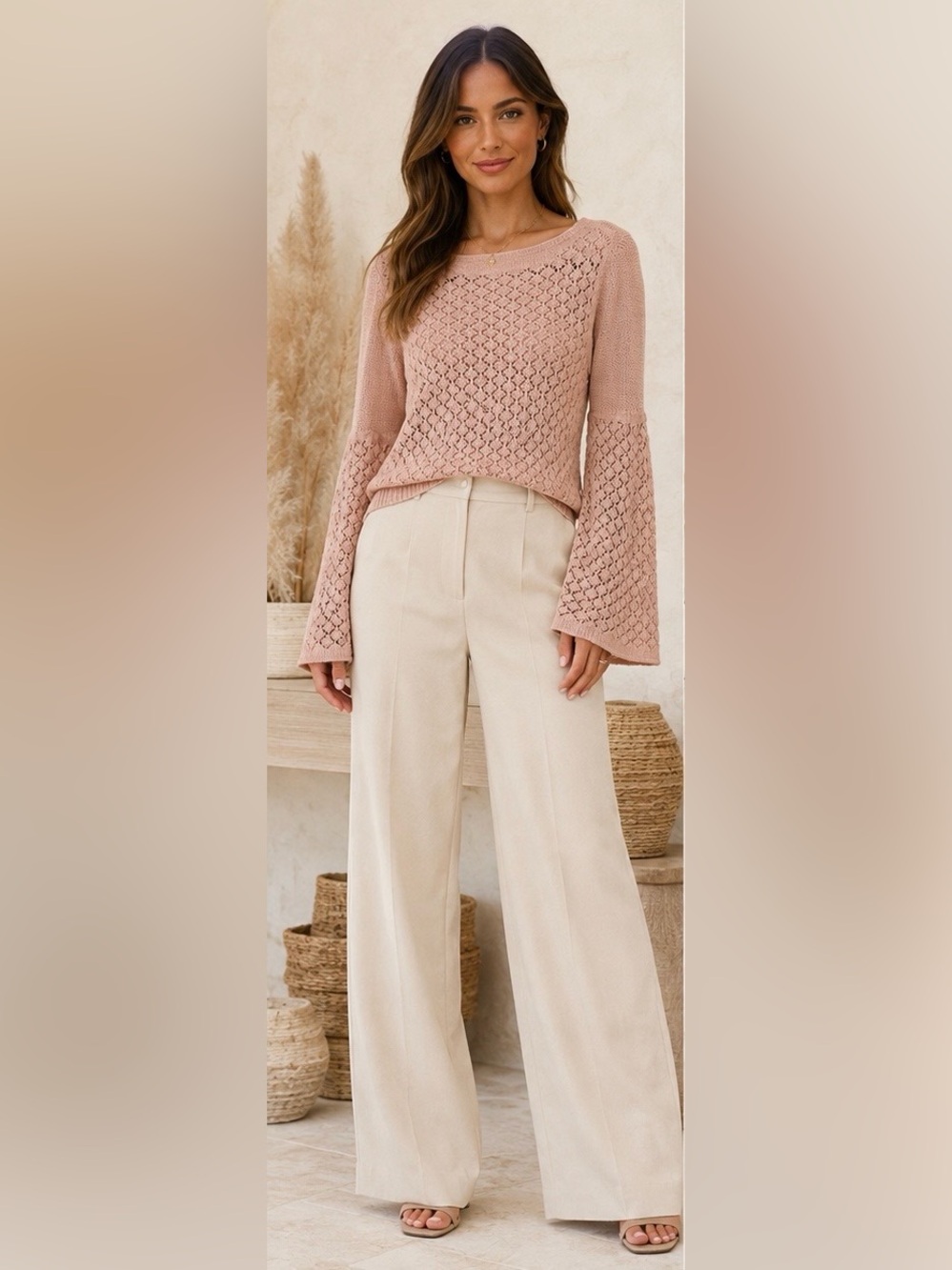 Sundance Pink Linen Blend Open-Knit
Bell Sleeve Sweater Top, Size Medium